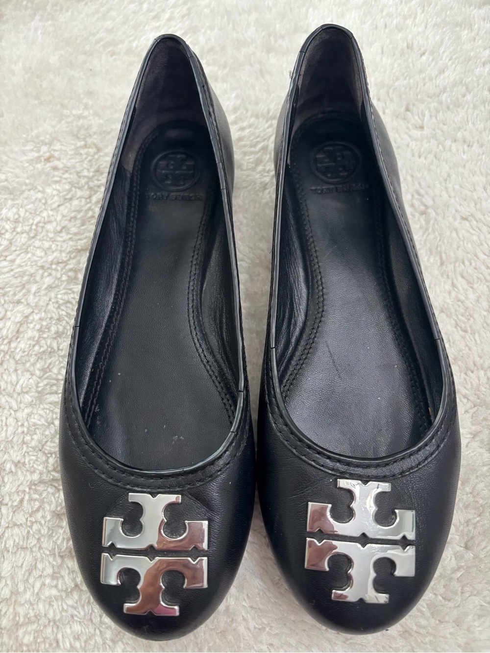 Tory Burch Black Leather Laura  Ballet Flats with Silver Logo Size 7